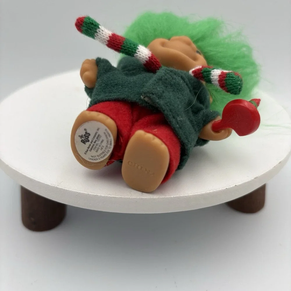 Vintage Christmas Caroler Elf Lucky Troll Doll by Russ Green Hair & Candlestick